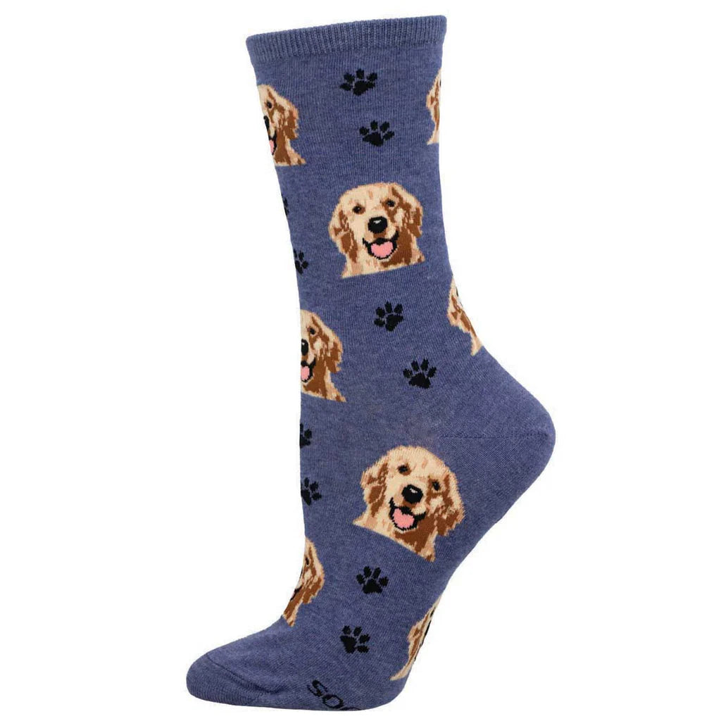 Women's golden retriever and paw print crew sock in blue, flat product shot