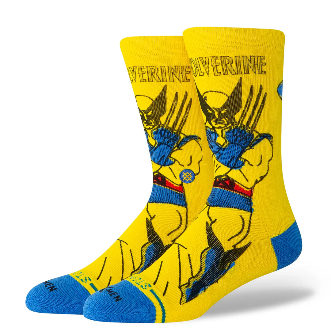 Men's Wolverine crew socks in yellow with blue character art, flat front view