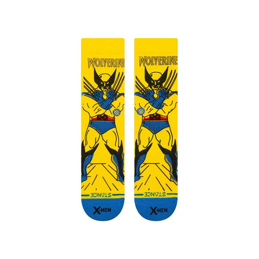Men's yellow Wolverine crew socks, flat back view with name and X-Men logo