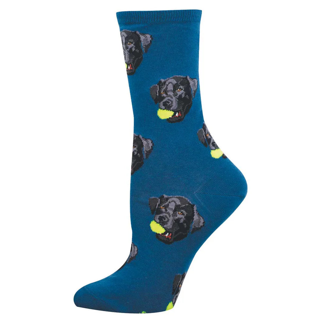 Women's black Lab crew socks laid flat, teal blue with black Labrador faces and yellow tennis balls