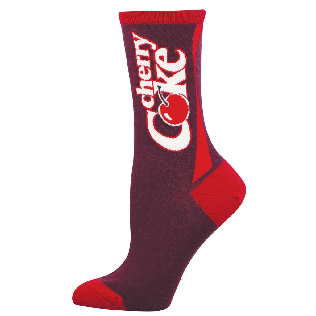 Women's Cherry Coke crew socks laid flat, maroon with red and white logo and a cherry