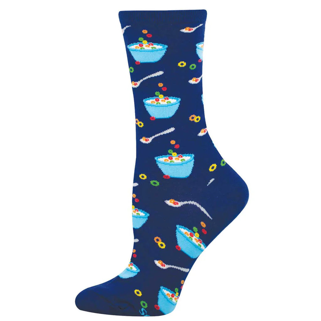 Women's fruity cereal crew socks laid flat, navy with bowls of colorful cereal loops and spoons