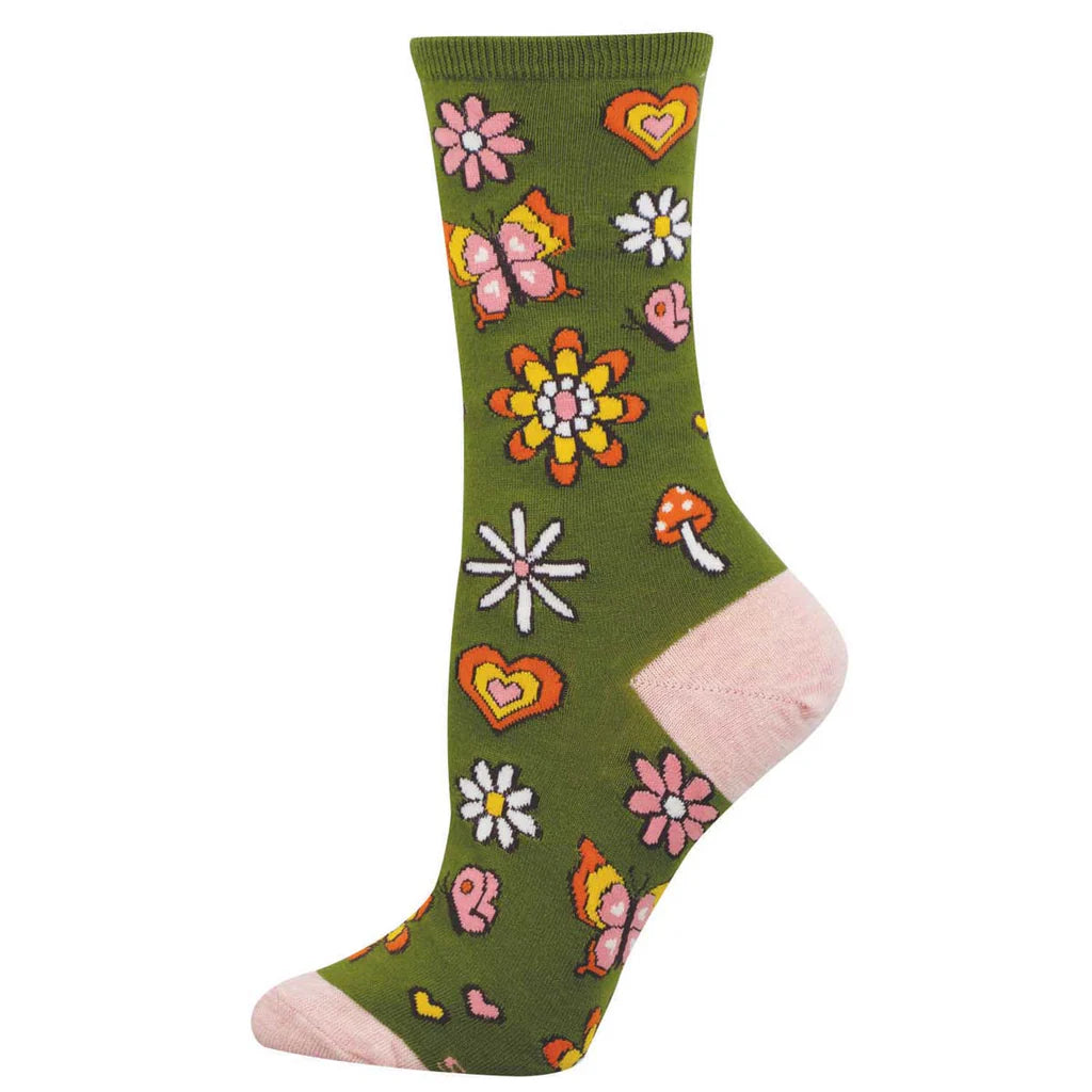 Women's retro floral crew socks laid flat, green with groovy flowers, butterflies, hearts, and a mushroom