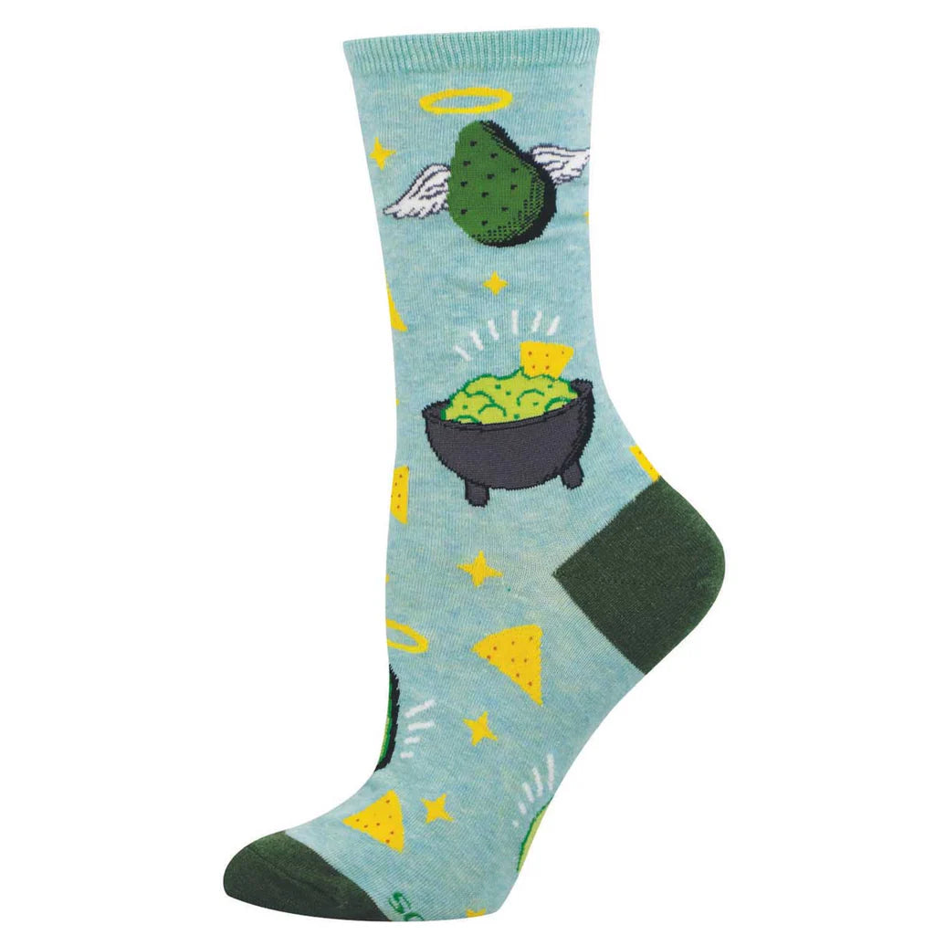 Women's guacamole crew socks laid flat, sage green with a winged avocado, a bowl of guacamole, and chips