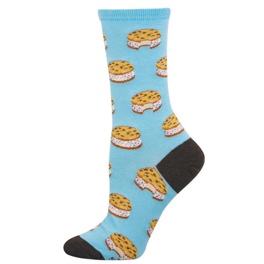 Women's ice cream sandwich crew socks laid flat, blue with ice cream sandwiches and black heel and toe
