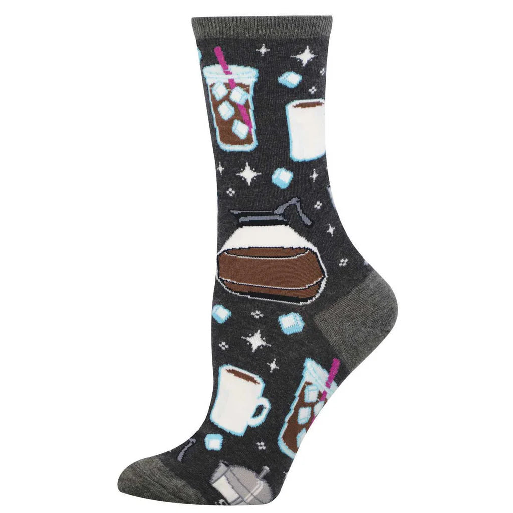 Women's iced coffee crew socks laid flat, charcoal with iced coffees, a carafe, and mugs