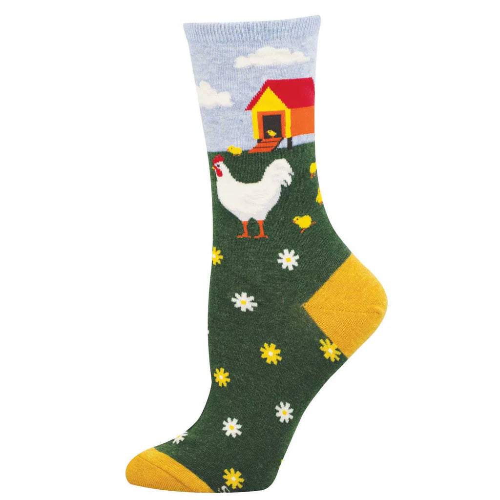 Women's farm chicken crew socks laid flat, green and blue with a white rooster, yellow chicks, and a red coop