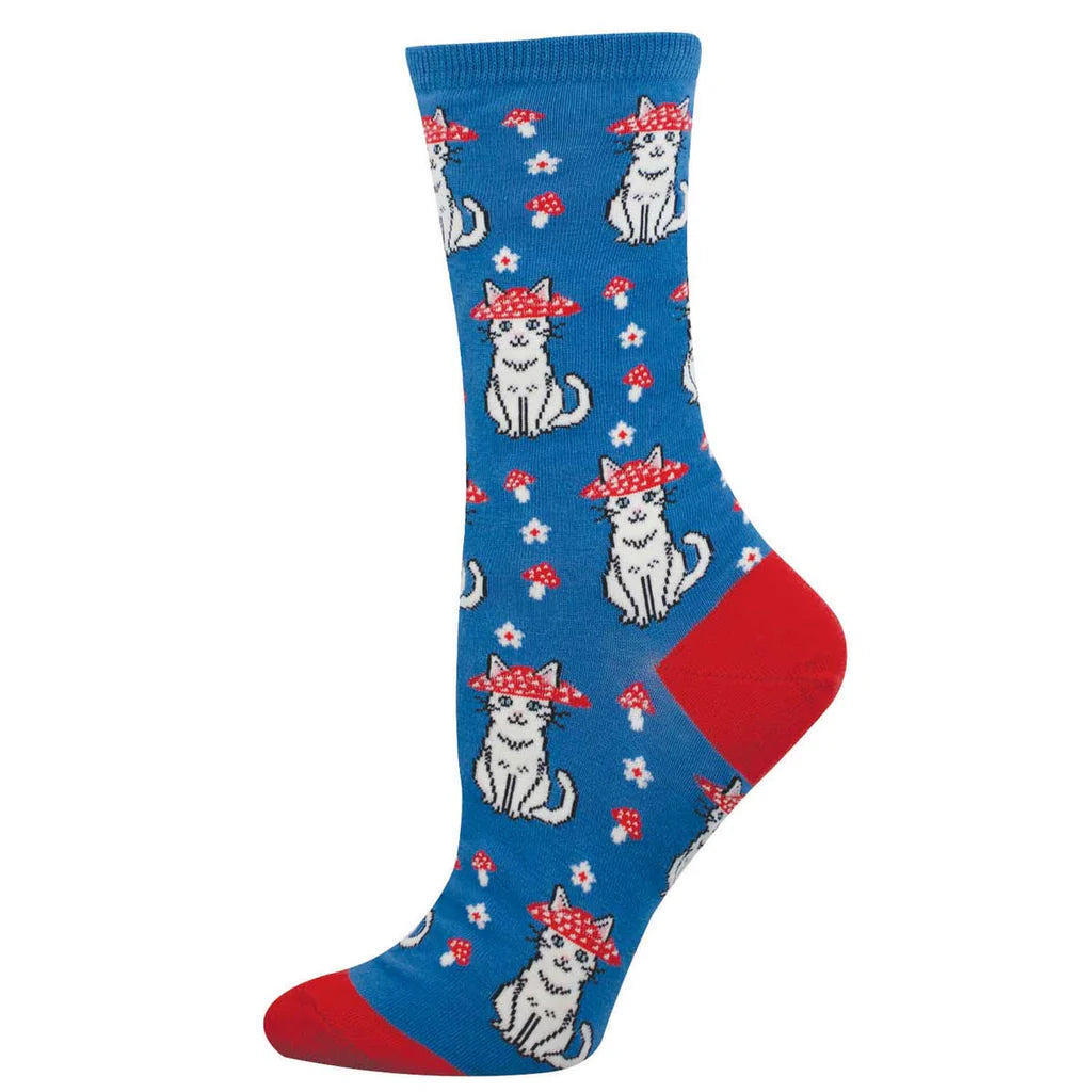 Women's flower crown cat crew socks laid flat, blue with gray cats wearing red crowns and small daisies
