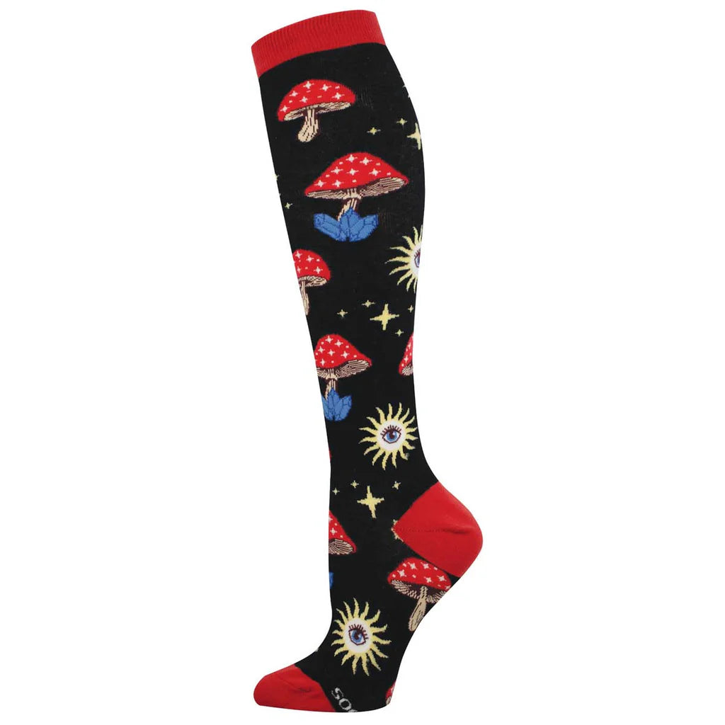Women's mushroom and celestial knee high socks in black with red cuff and heel, flat single sock shot