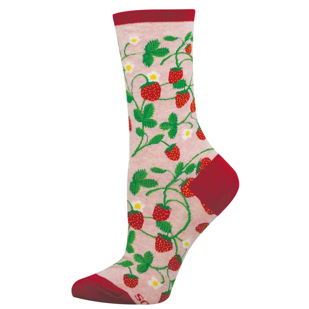 Women's strawberry crew socks laid flat, pink with green strawberry vines, red berries, and white blossoms