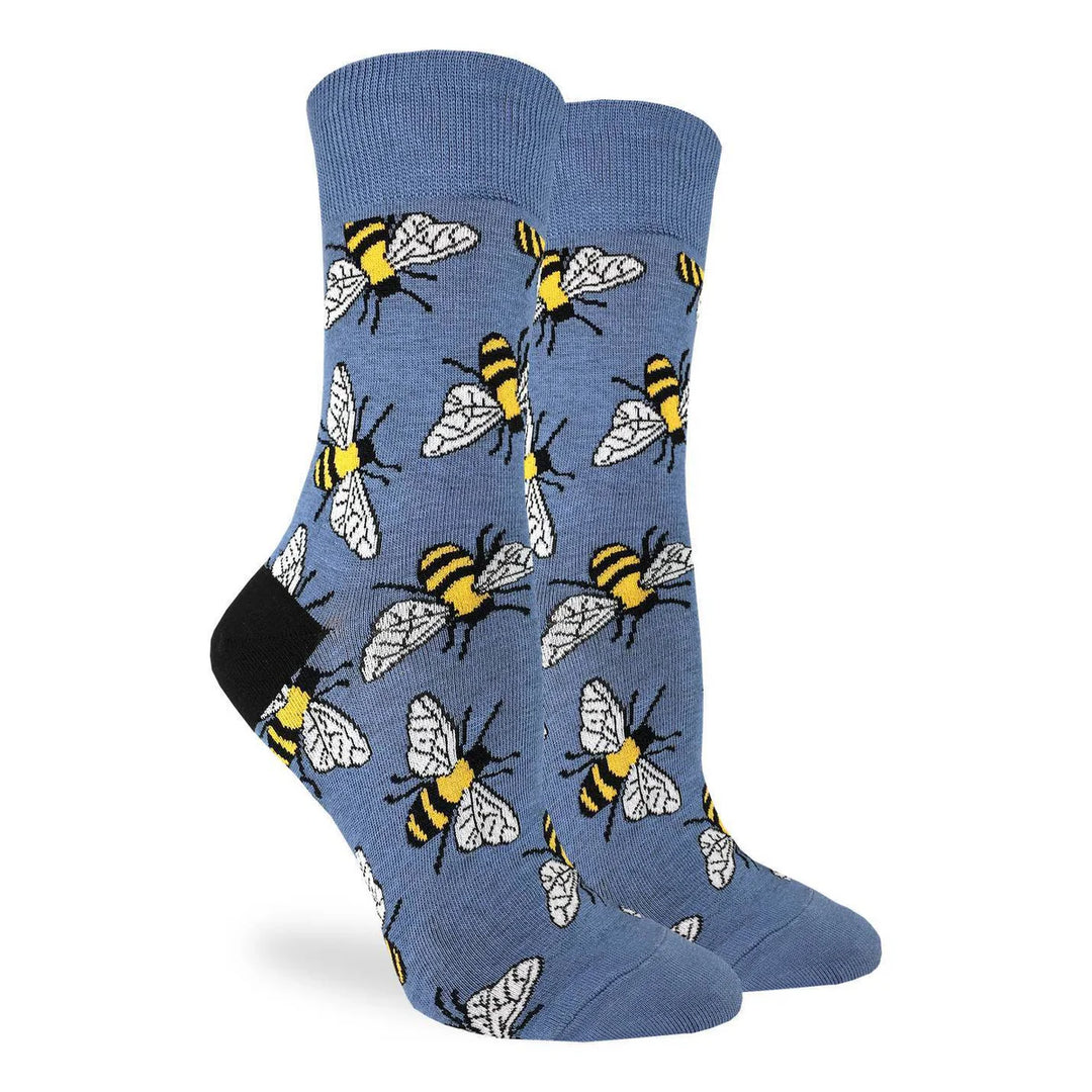 Women's slate-blue bumblebee crew socks, flat view