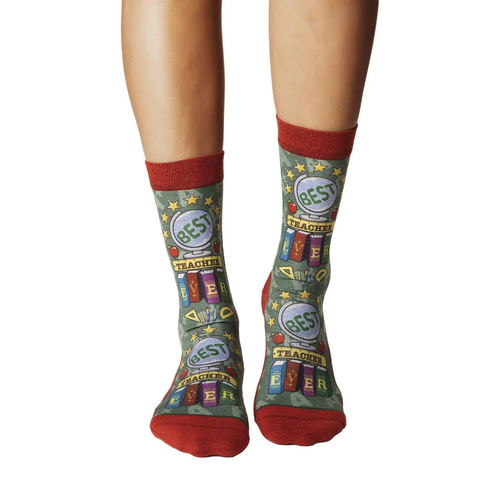 Women's Best Teacher Ever crew socks worn, front view on legs