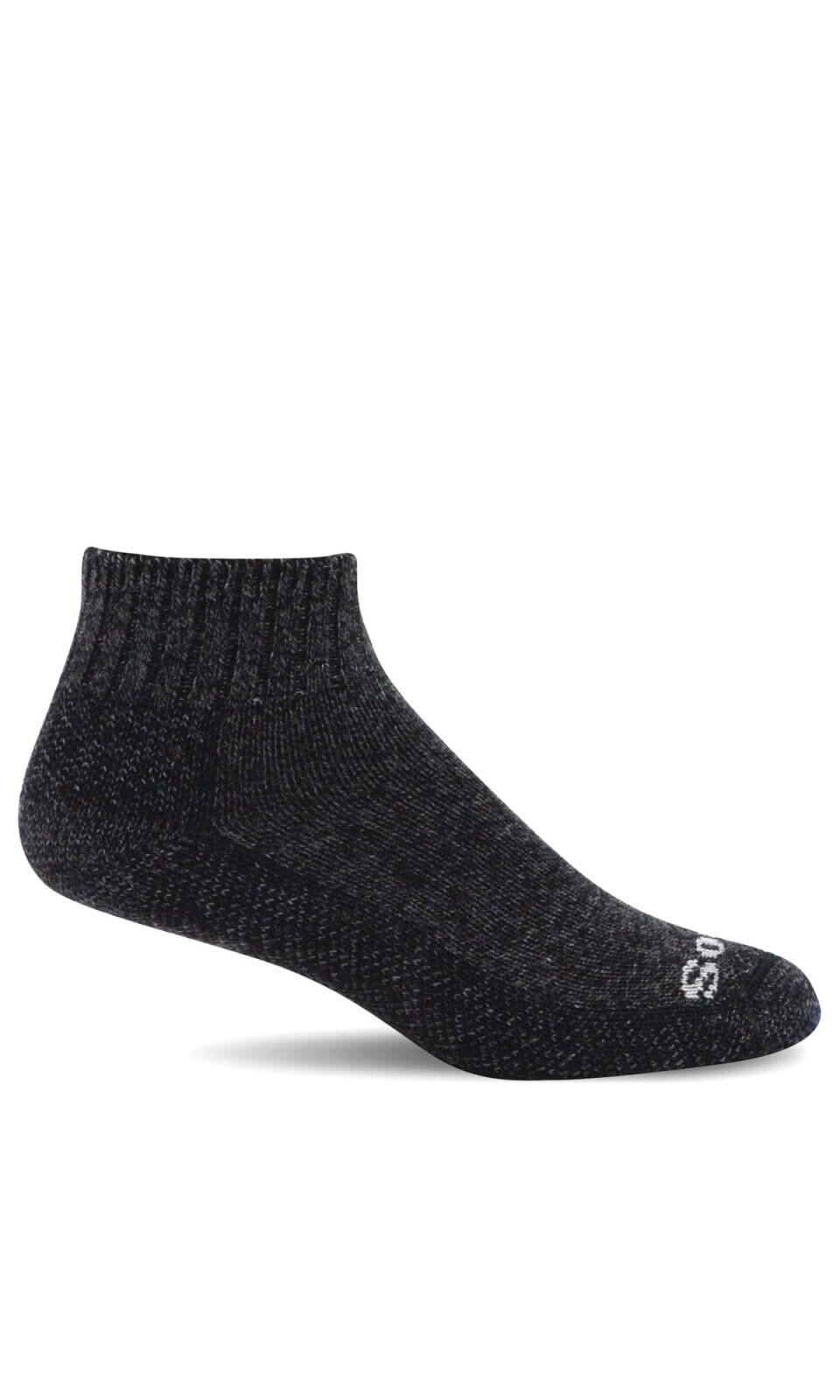 Women's black marled diabetic quarter ankle sock, flat side view