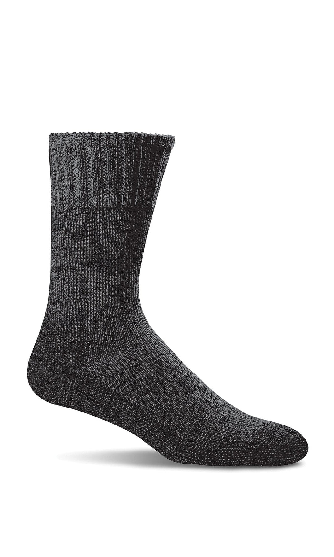 Women's black marled diabetic crew sock, flat side view
