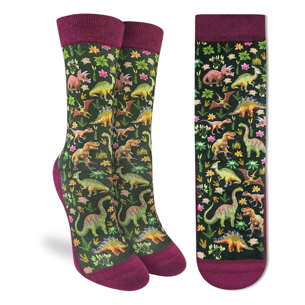 Women's floral dinosaur crew socks worn, front view on legs
