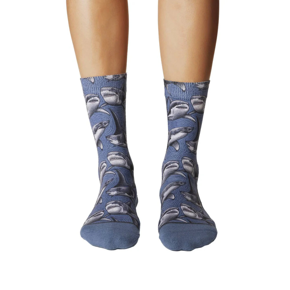 Women's great white shark crew socks worn, front view on legs