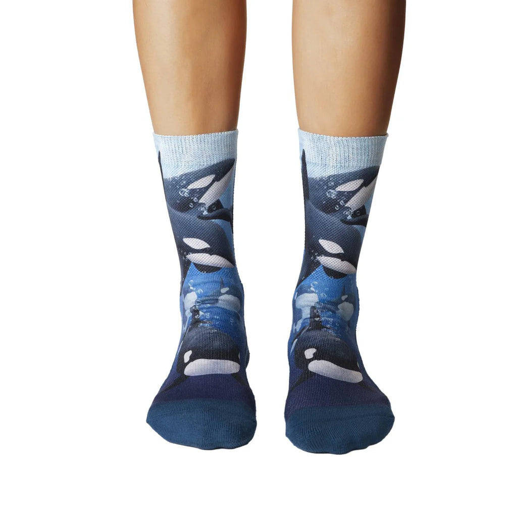 Women's orca crew socks worn, front view on legs