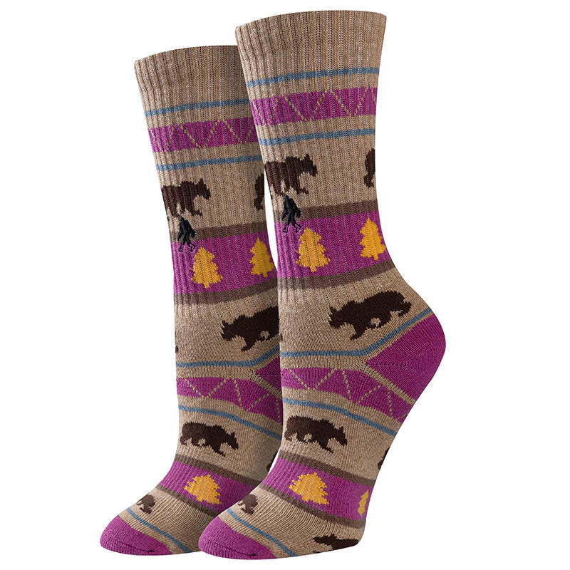 Women's bear crew socks in tan and magenta, flat lay