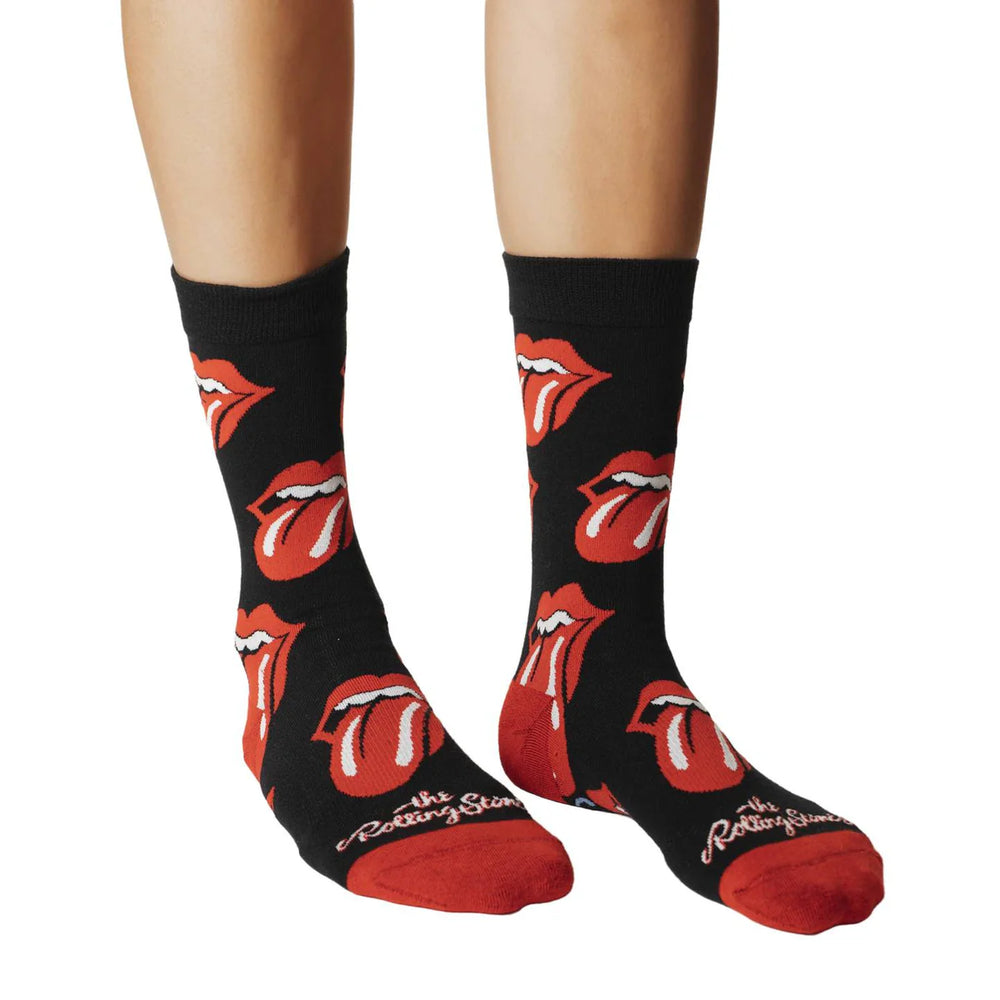 Women's Rolling Stones crew socks worn, front view on legs