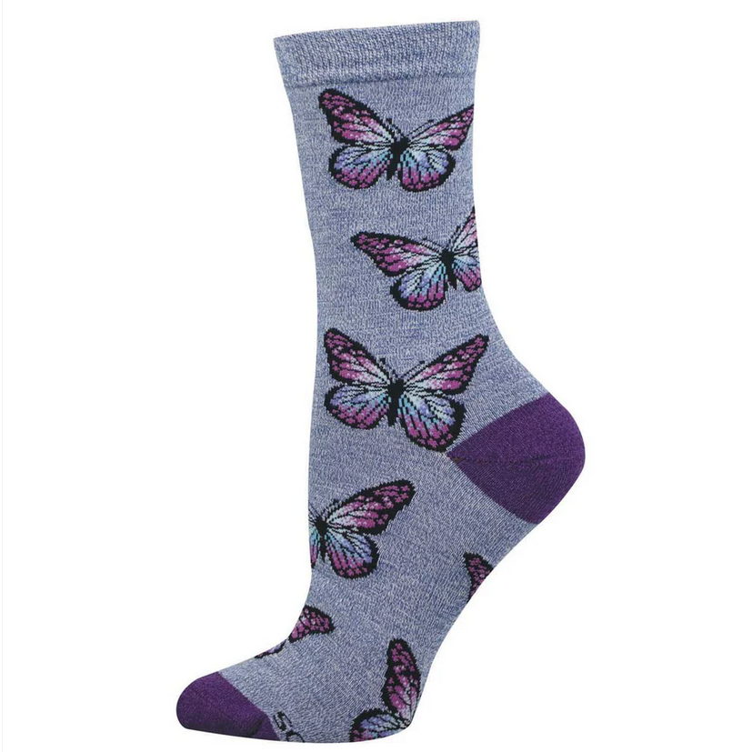 Women's butterfly crew socks laid flat, heather gray with large purple and blue butterflies