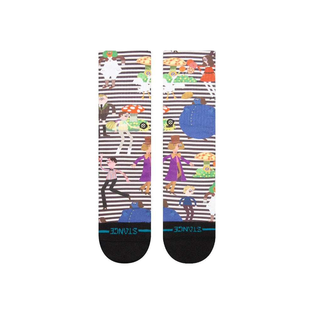 Kids' Wonka crew socks, front view of the character-packed pattern