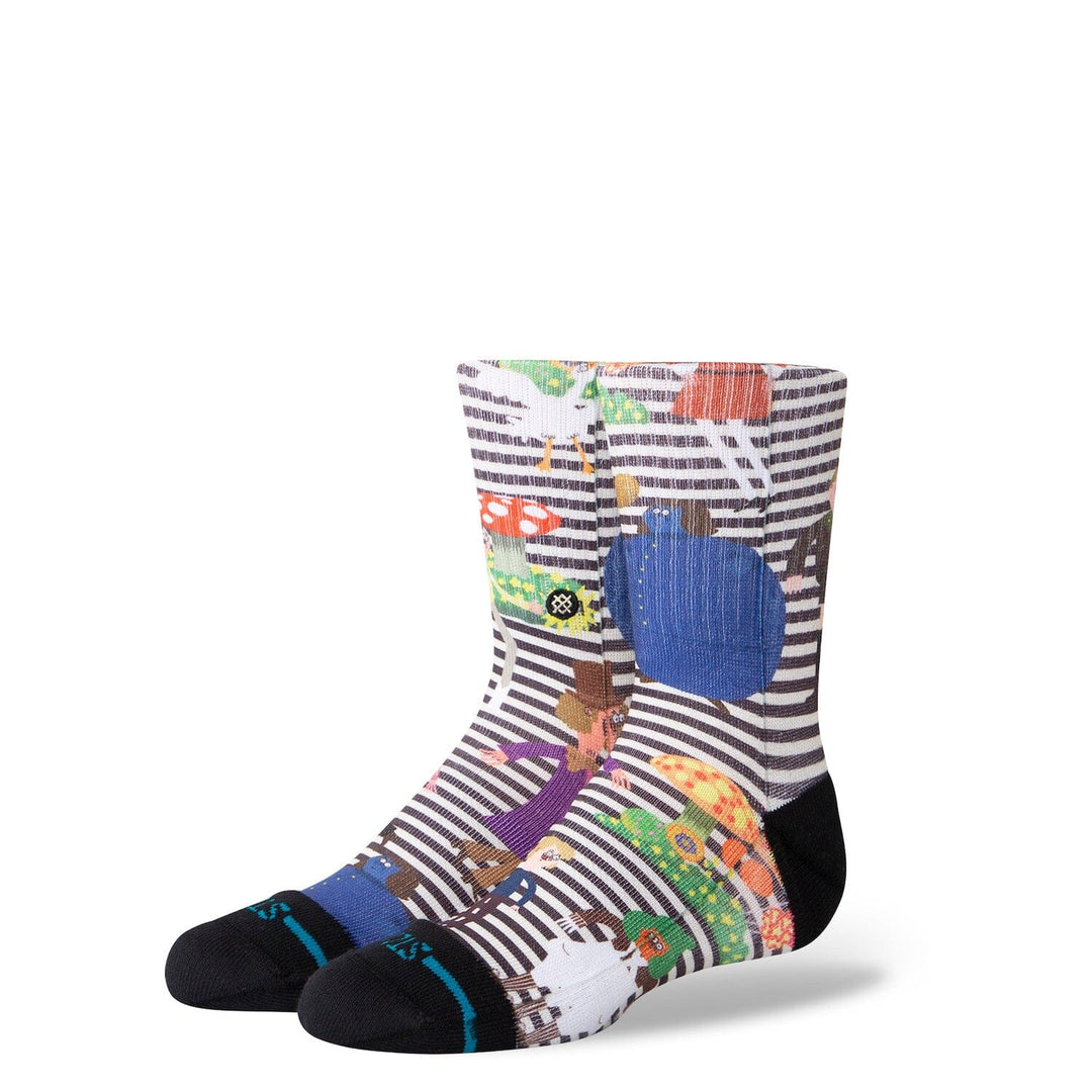 Kids' Wonka crew socks, angled flat view with factory characters on striped background