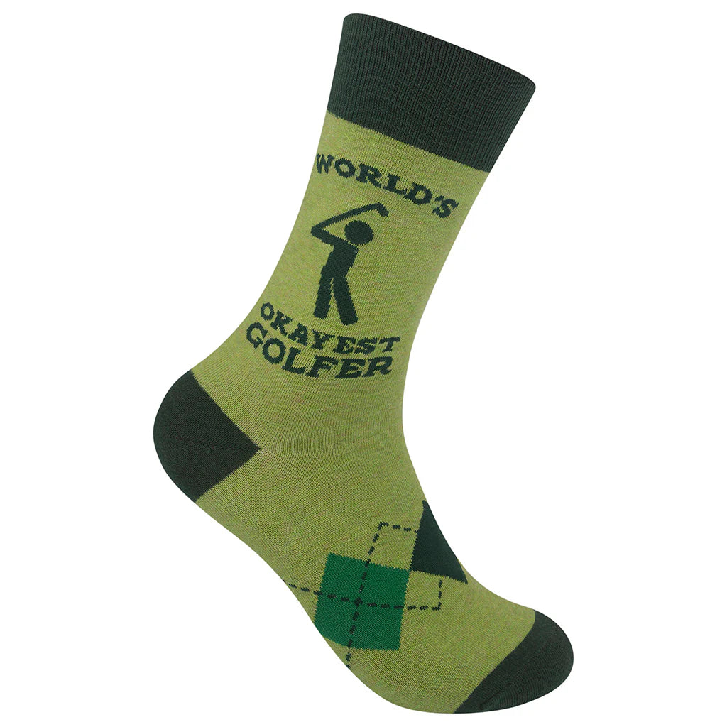 Unisex green crew sock, flat side view with golfer silhouette and 'World's Okayest Golfer' text