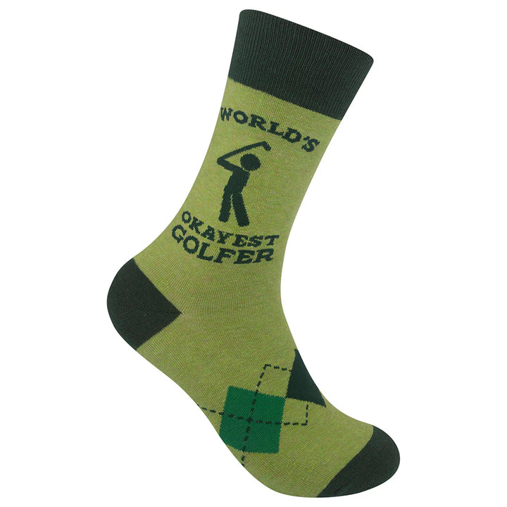 Unisex green crew sock, flat side view with golfer silhouette and &