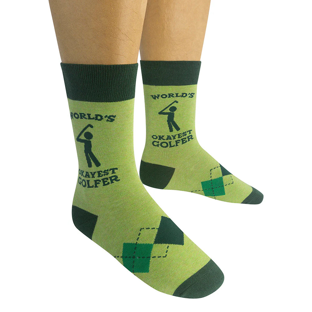 Unisex green golfer crew socks worn on legs, front view above the ankle