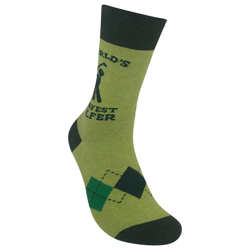 Unisex green golfer crew sock, flat angled view showing argyle foot