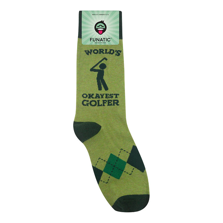 Unisex green golfer crew sock in its packaging, flat front view