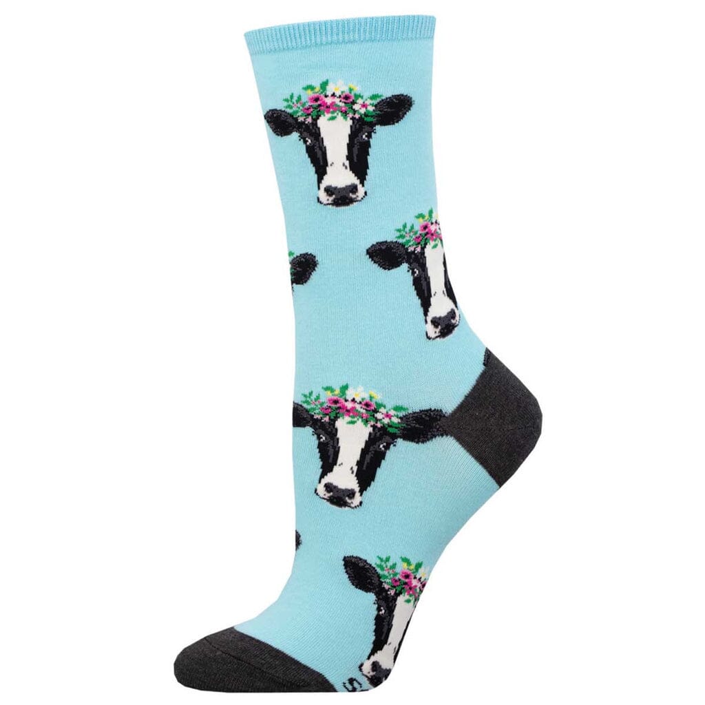 Women's Wow Cow crew socks, flat side view, black-and-white cows in floral crowns on light blue