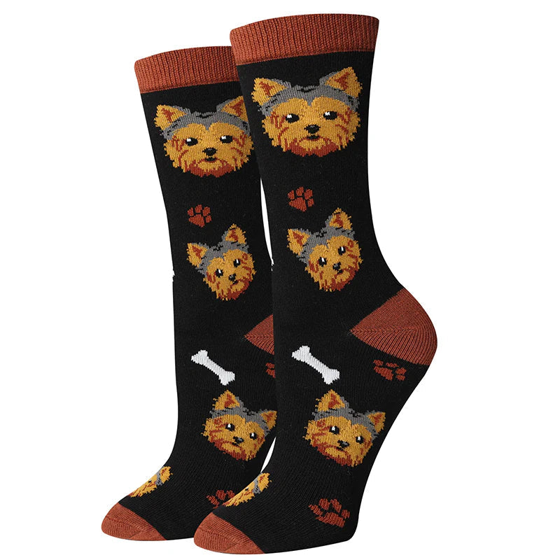 Women's Yorkshire Terrier crew socks flat lay, black with tan and gray Yorkie faces and paw prints