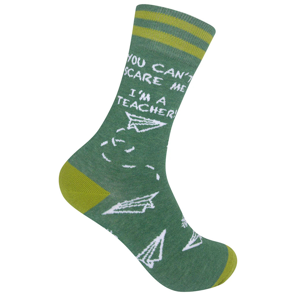 Unisex "You Can't Scare Me I'm A Teacher" green crew sock with paper airplanes, flat side view
