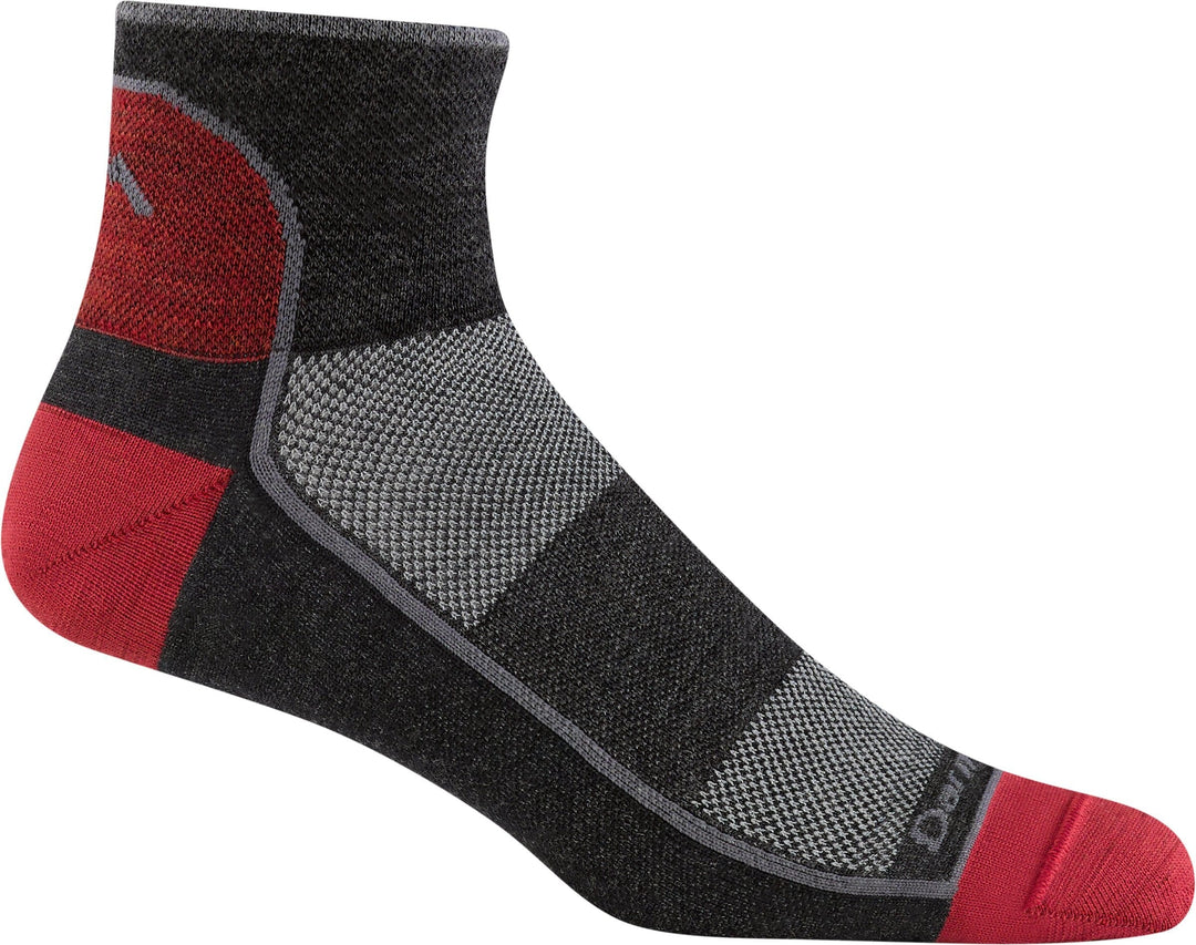 Men's lightweight quarter athletic sock in grey and red with mesh panel, single sock product shot