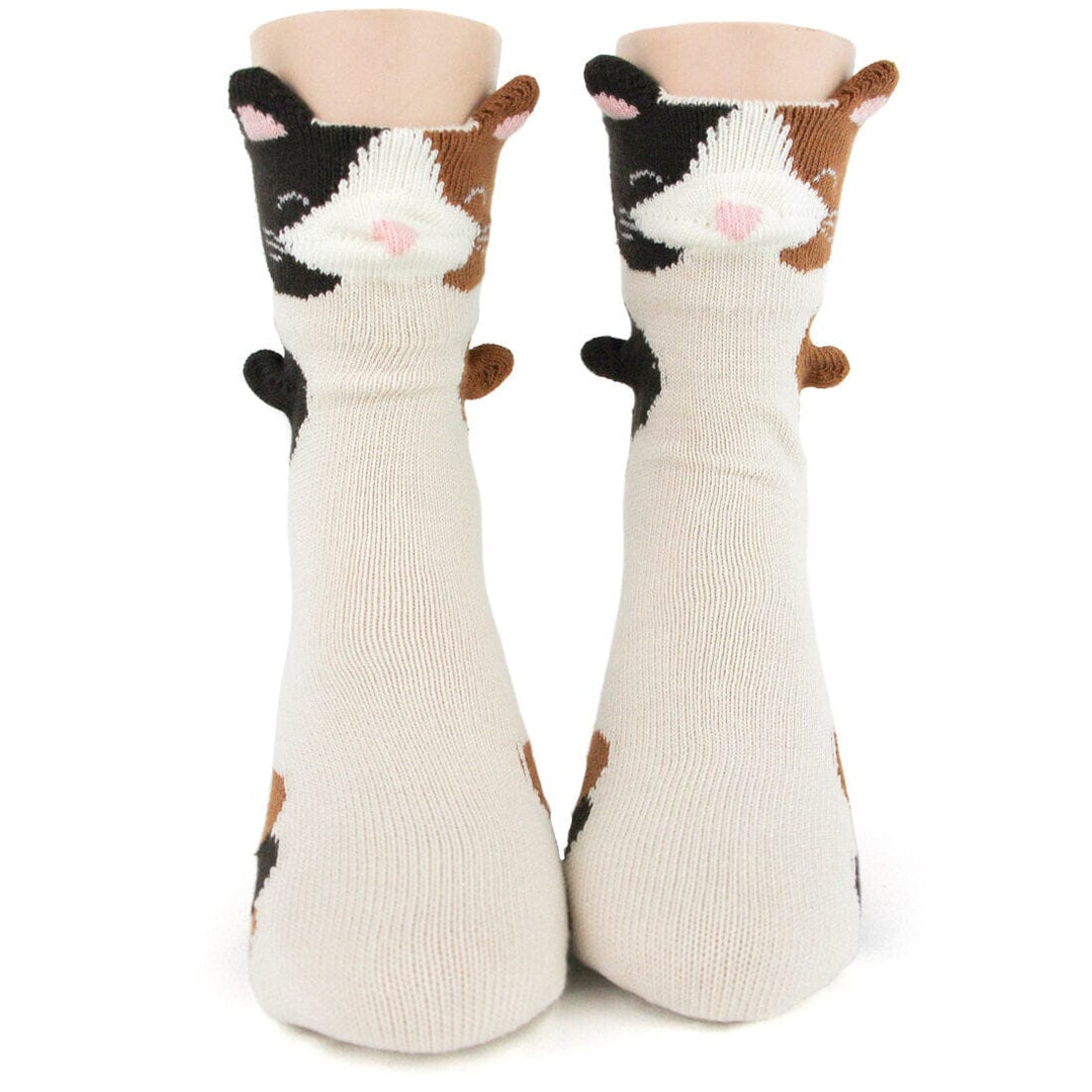 Kids' 3D calico cat youth crew socks in cream with brown and black patches, pop-out cat faces, knit ears and pink noses
