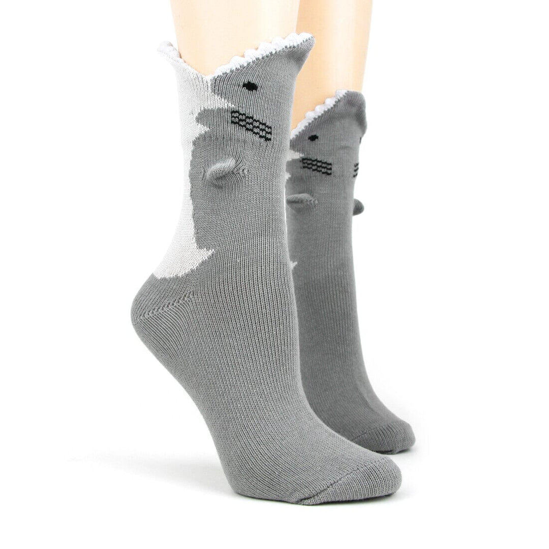 Front view of women's grey 3D shark crew socks with sculpted fin, eye, and white toothy ruffle cuff