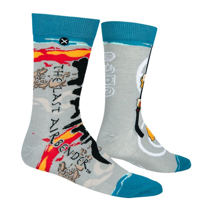Side view of the Aang crew socks showing The Last Airbender text and elemental artwork down the leg