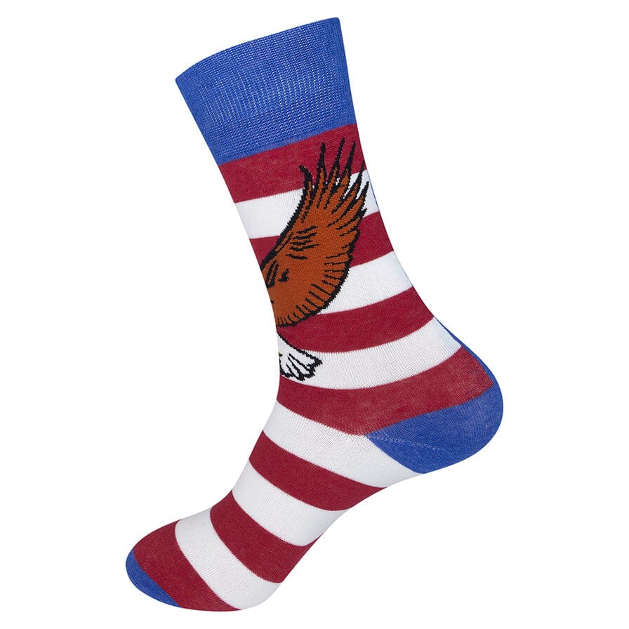 Striped side view of the American flag sock with the eagle peeking over red and white stripes