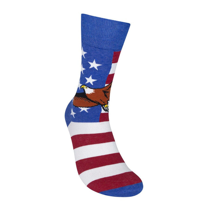American flag crew sock toe-down with bald eagle over blue star field and red and white striped foot