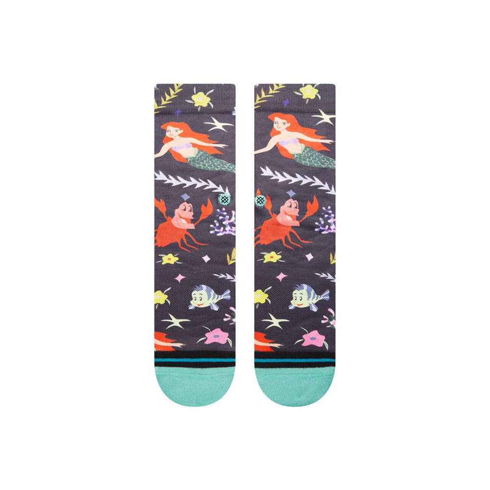 Kids' Little Mermaid crew socks flat back view with Ariel and Sebastian among coral and starfish