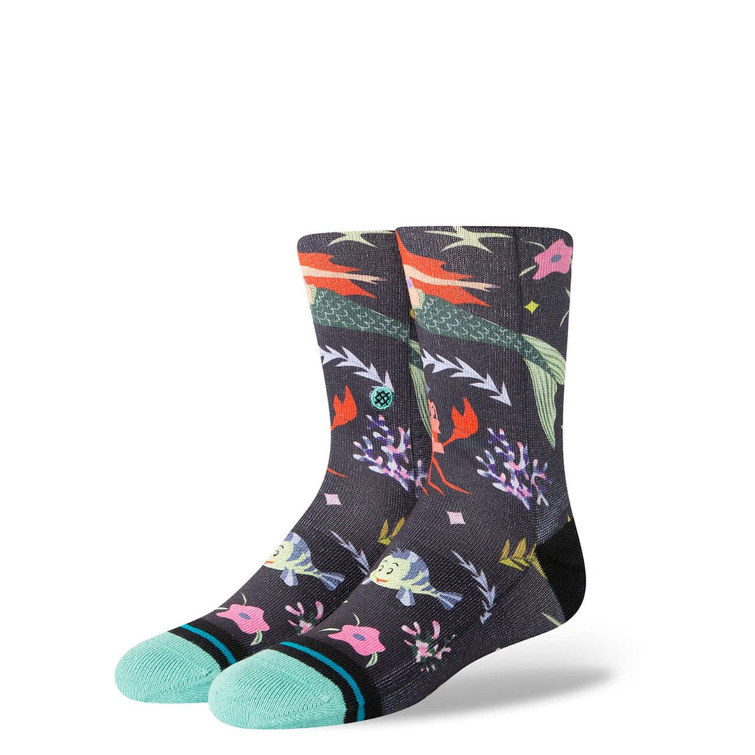 Kids' Little Mermaid crew socks laid flat showing Ariel, Sebastian and Flounder on a navy print with mint toes