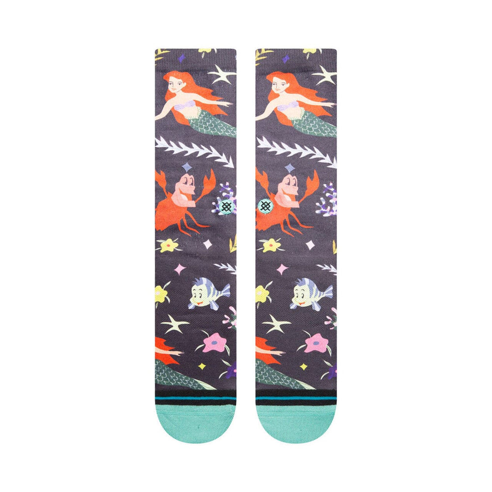Women's Little Mermaid crew socks flat back view with Ariel and Sebastian among coral and starfish
