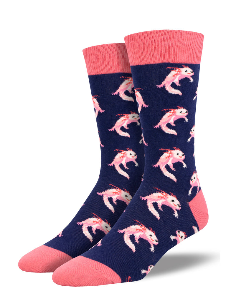 Pair of men's navy blue crew socks covered in smiling pink axolotls with coral cuffs, heels, and toes