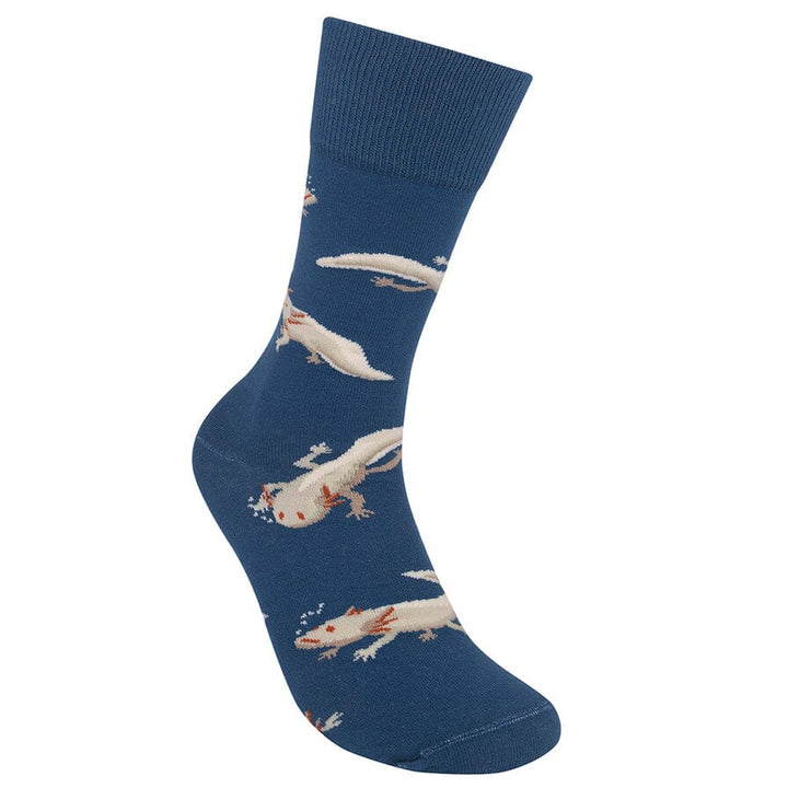 Angled denim blue axolotl sock displaying the swimming axolotl pattern