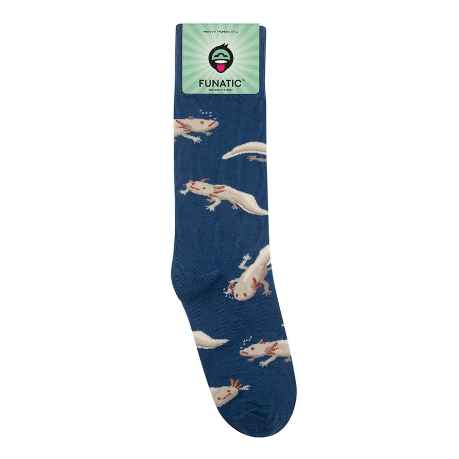 Flat denim blue axolotl sock with green Funatic packaging label at the cuff