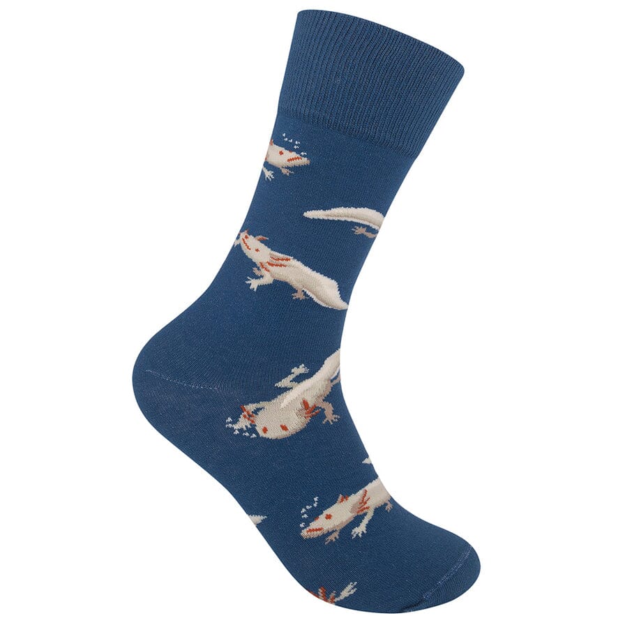 Denim blue crew sock covered in cream and pink axolotls with frilly gills, shown on a foot form