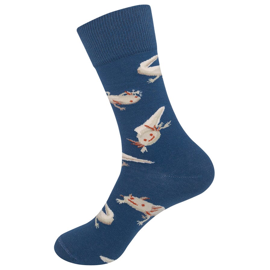 Side view of the denim blue axolotl sock showing several smiling axolotls