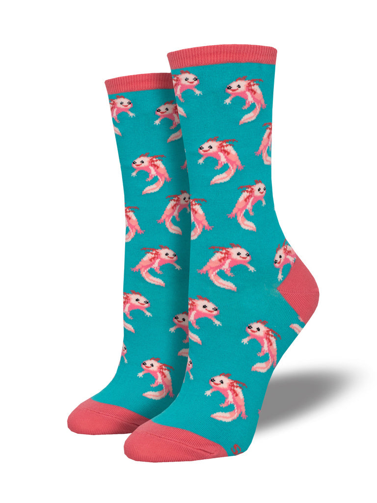 Pair of women's bright teal crew socks covered in smiling pink axolotls with coral-pink cuffs, heels, and toes