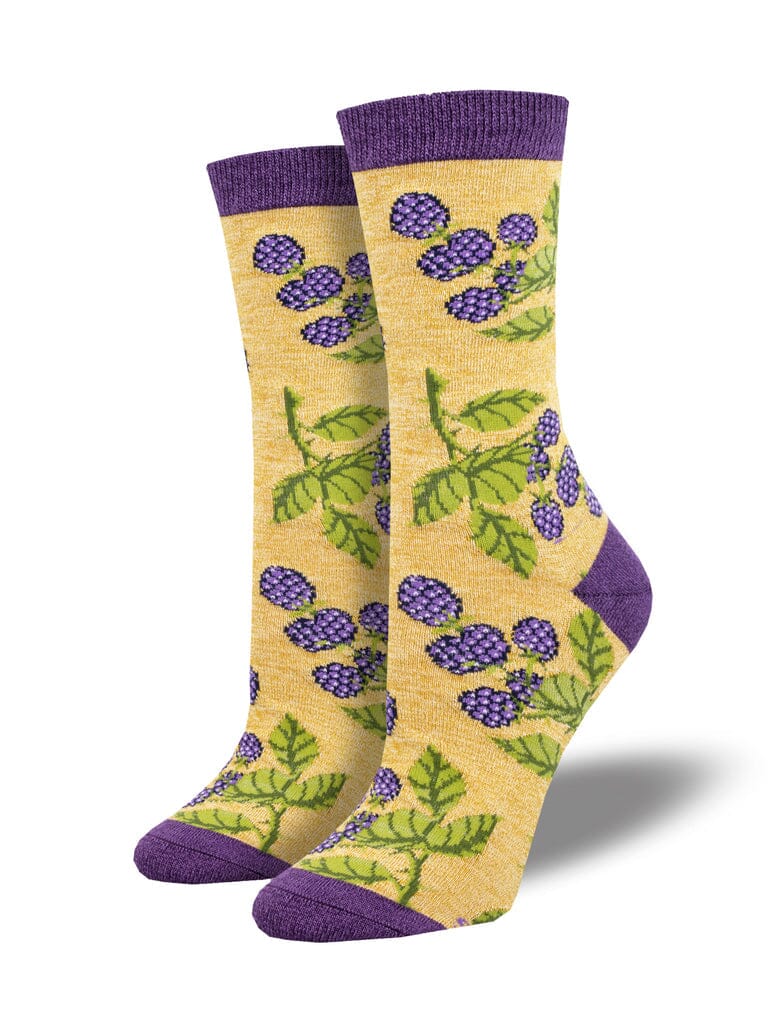 Women's bunch of blackberries bamboo crew socks, flat lay showing purple blackberries and green vines on gold